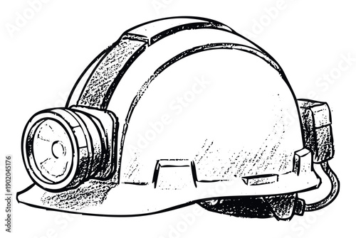 A durable safety hard hat with an integrated headlamp designed for underground mining and various industrial work environments requiring personal protective equipment.