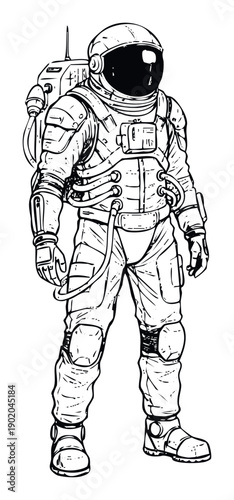 Detailed black and white drawing of an astronaut in a full space suit with helmet and life support system, perfect for science fiction projects, educational materials, or future technology