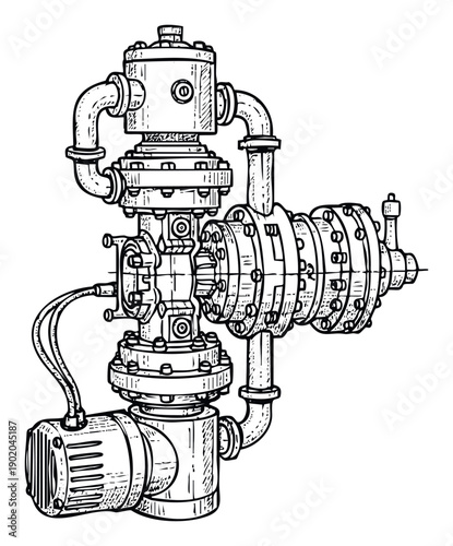 Detailed technical drawing of a complex industrial pump system featuring multiple pipes, flanges, and an electric motor, perfect for engineering diagrams and mechanical design concepts.