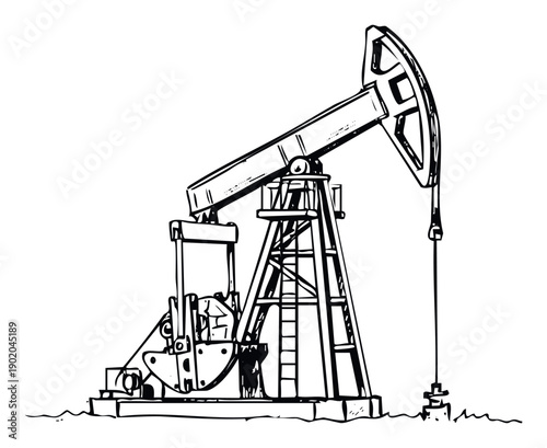 A handdrawn black and white oil pumpjack symbolizing energy production and fossil fuel extraction, suitable for industrial publications, educational materials, and energy sector