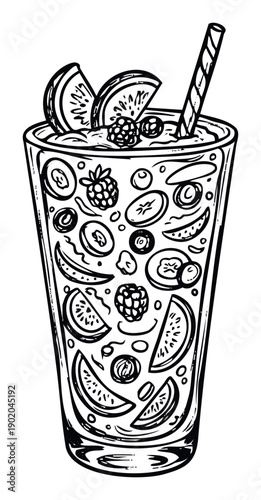 Refreshing fruit smoothie in a tall glass with a straw and various healthy berries and sliced fruits, perfect for summer menus or healthy lifestyle promotions