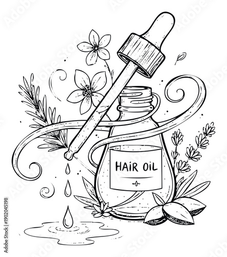 Herbal hair oil bottle with a precise dropper releasing nourishing liquid drops surrounded by botanical ingredients like fragrant rosemary, delicate lavender, and wholesome almonds for