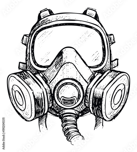 A gritty handdrawn gas mask with filters and a clear visor, representing industrial safety, environmental protection, or hazardous situations for survival guides and emergency preparedness