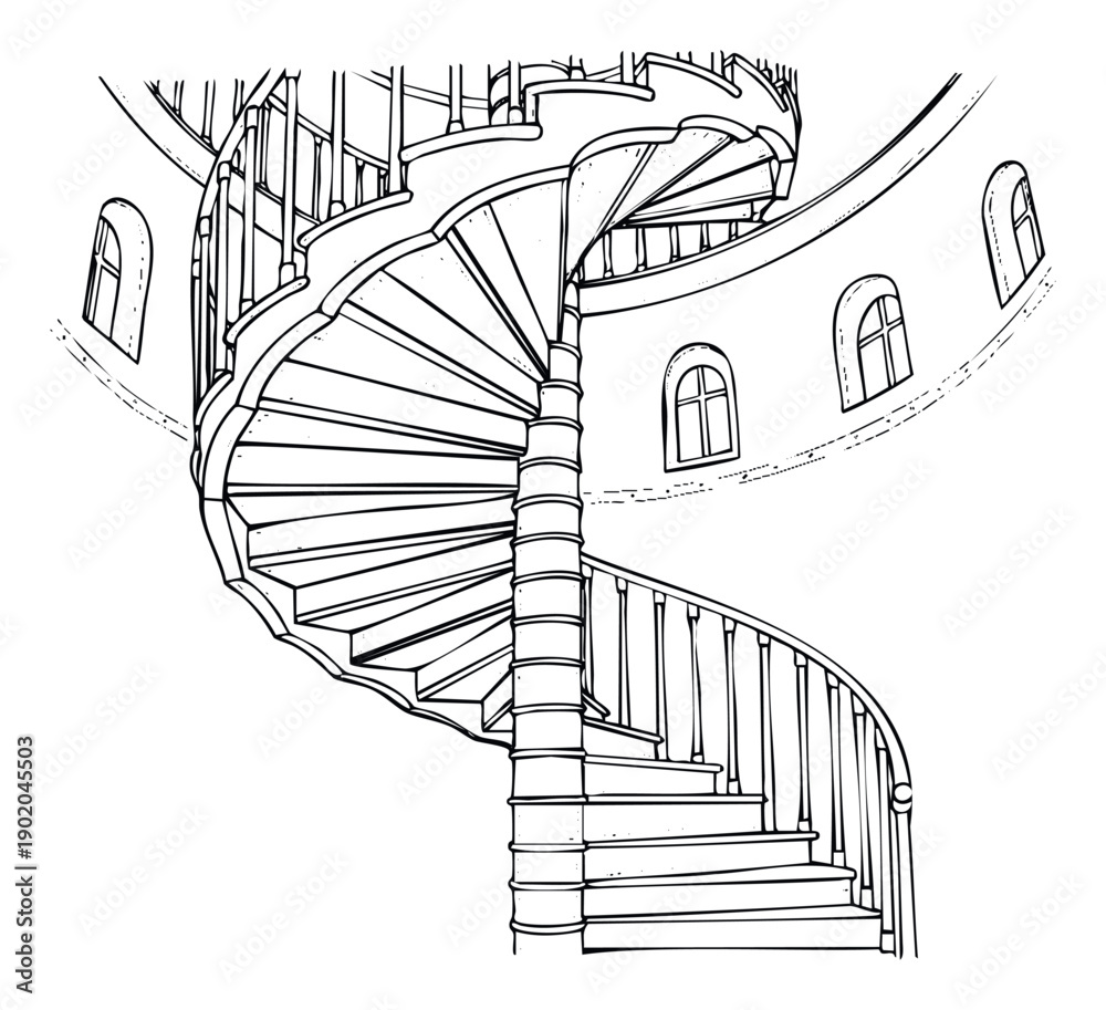 Fototapeta premium Detailed architectural sketch of a grand spiral staircase winding inside a classic tower with windows, perfect for structural blueprints or historical building design projects