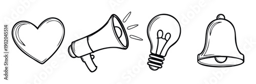 Simple black line icons for attention and interaction, showcasing a heart, announcement megaphone, idea lightbulb, and notification bell suitable for diverse digital applications.