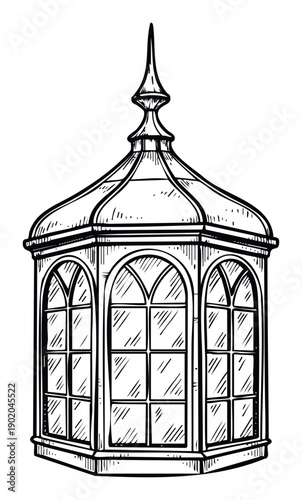 A classic ornamental gazebo or garden conservatory structure featuring elegant arched windows and a decorative spire, perfect for architectural projects and landscape design elements.