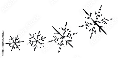 Simple stylized black outline snowflakes growing in size provide a versatile graphic for winter seasonal promotions, holiday greeting decorations, and festive event invitations.