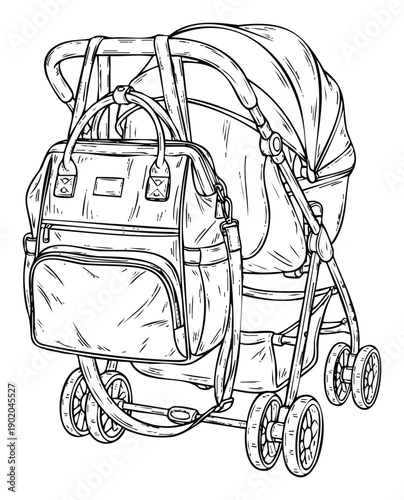 Practical baby stroller with a functional diaper changing bag attached to the handle, essential gear for new parents navigating daily adventures and family outings.