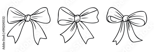 Stylish handdrawn outline bow ribbon graphics perfect for enhancing festive gift wrapping, elegant package decorations, celebration invitations, or special event announcements.