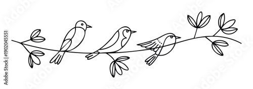 Simple outline drawing of three birds perched on a leafy branch symbolizing nature connection and outdoor tranquility for various educational materials