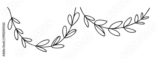 Minimalist leafy branch line drawing for natural decoration, botanical branding, tranquil stationery, simple greeting holiday cards, or elegant wedding invitation accents.