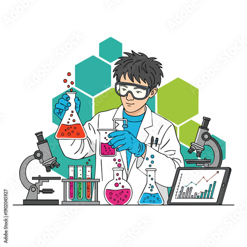 Young male scientist conducting experiments in a laboratory setting.