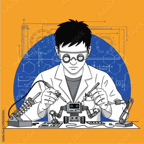 Young male scientist in lab coat assembling a small robot with tools.