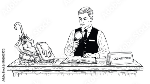 A dedicated lost and found attendant with a magnifying glass meticulously examines items at a service desk, perfect for showcasing customer service, investigation, or problemsolving