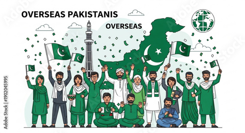 Diverse group of people in green attire celebrating with pakistani flags and map