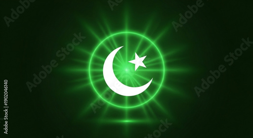 Glowing green pakistani flag symbol with crescent moon and star on dark background representing national pride and patriotism