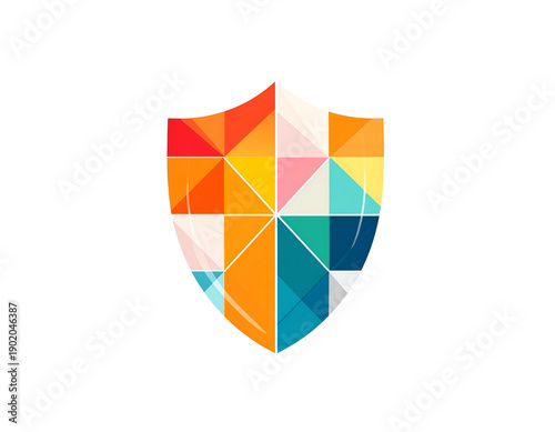 Shield graphic with colorful geometric design on a black background