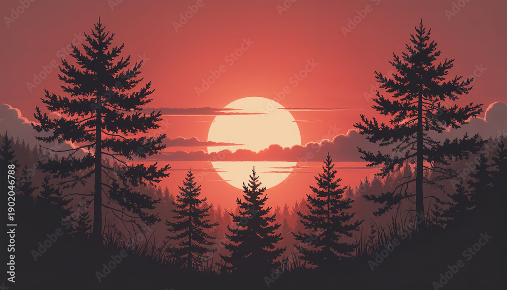 Obraz premium 両側の高木が舞台のように夕日を囲むドラマチックな森景
