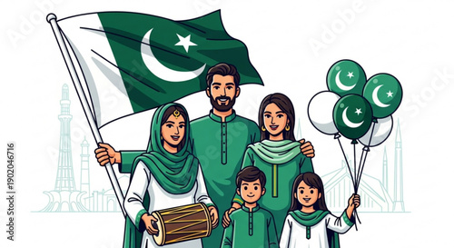 Pakistani family celebrating eid or independence day with flag and balloons