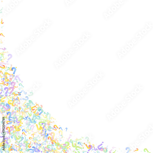 Question marks. Background for quiz, poll, survey, faq, interrogation, query. Multicolored template for opinion, public poll. Funny School vector illustration rainbow color on white background.