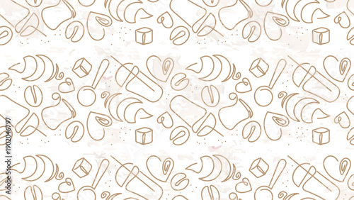 Coffee Seamless Pattern. Sketch for Food Shop, Menu, Bakery Cafe. Coffee Beans with Grunge Effect Brown and Beige Colors. Vector Art Border Background.