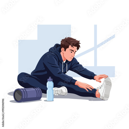 Young man in sportswear stretching on the floor before or after workout.