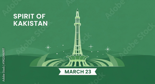 Pakistan's iconic minar e pakistan monument on green background with 'spirit of pakistan' text and march 23 date symbolizing national pride and independence