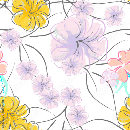 Wallpaper Mural Pink Flowers Blooming Pattern. Pastel Watercolor Floral Print. Little Pink, Yellow, Lilac flower on grey leaf. Elegant brush Background. Seamless Botanical Vector Surface. Texture For Fashion Prints. Torontodigital.ca