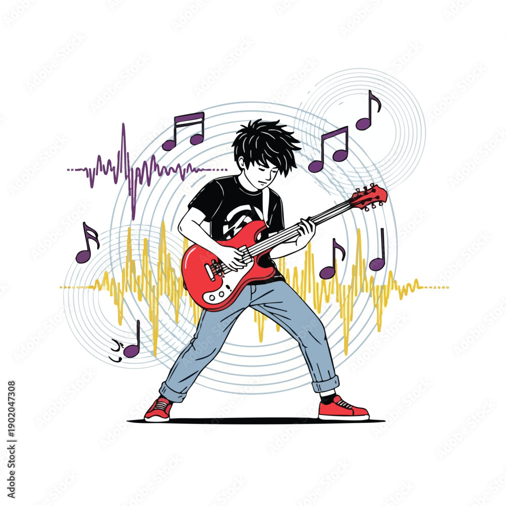 Obraz premium Young man playing electric guitar with passion and energy.