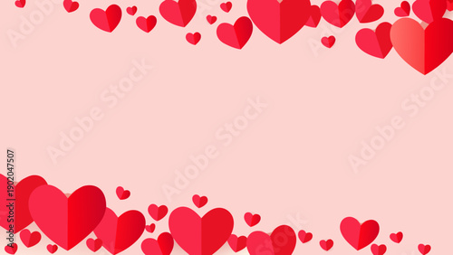 Layered heart silhouettes in red on soft pink background for love and valentine's day concepts