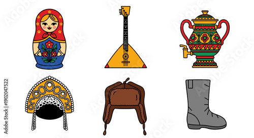 Traditional Russian cultural icons including matryoshka, balalaika, samovar, kokoshnik, traditional chair, and valenok boot illustrations displayed together