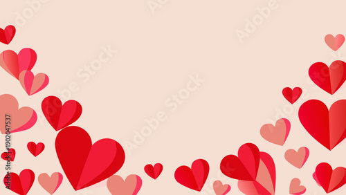 Colorful overlapping heart cutouts on soft pink background for love and valentine's day concepts