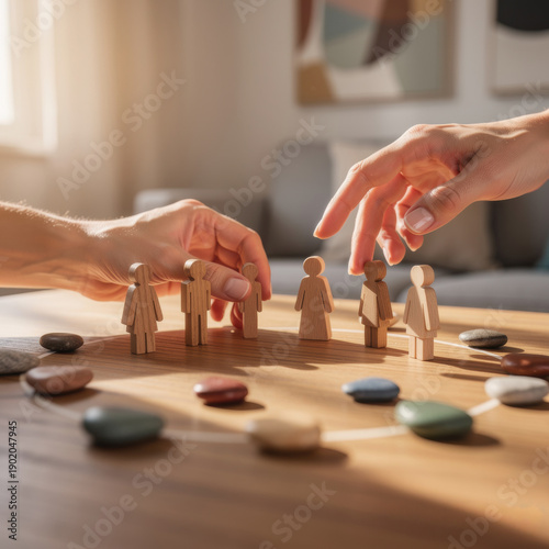 family constellations therapist's hands with small wooden figurines