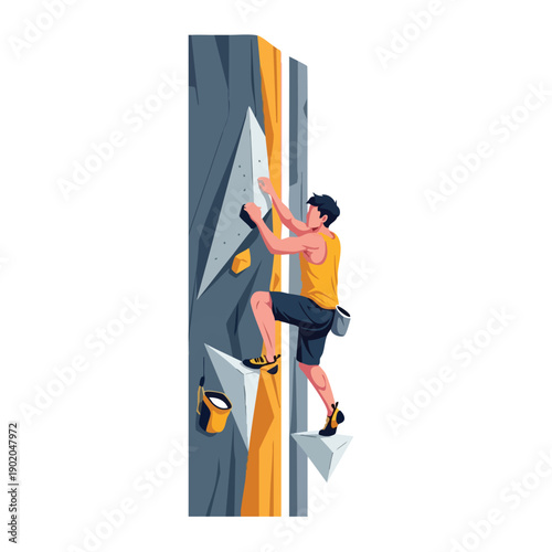 Young man rock climbing indoors on a tall climbing wall.