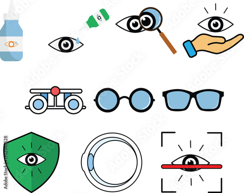 Optometry icons for vision care, eye exams, and optical services in a clean vector style