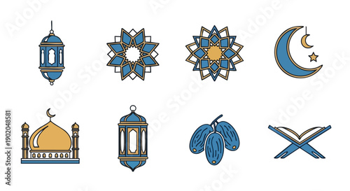 Icônes de Fêtes du Ramadan Bleu or Éclatant