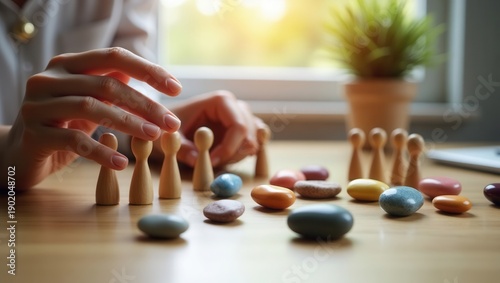family constellations therapist's hands with small wooden figurines
