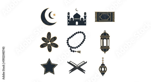 Icônes de Ramadan Élégantes, Duotone Charbon et Or