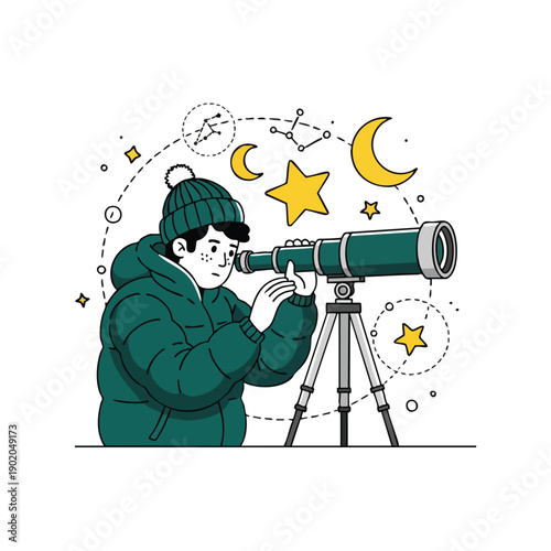 Young person in winter clothing observing celestial objects through a large telescope.