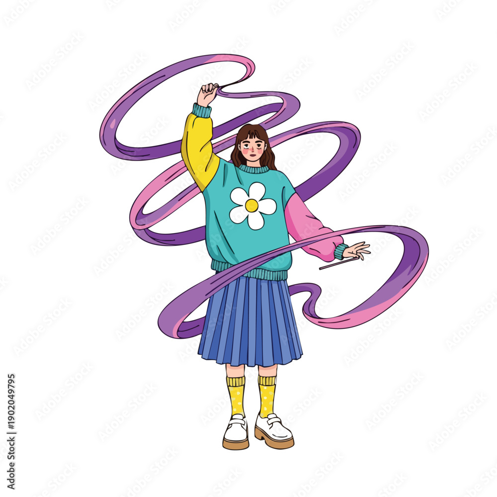 Fototapeta premium Young woman creating art with flowing purple ribbons and paintbrushes.