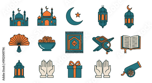 Set dIcônes de Mosquée Minimal Duotone Ramadan