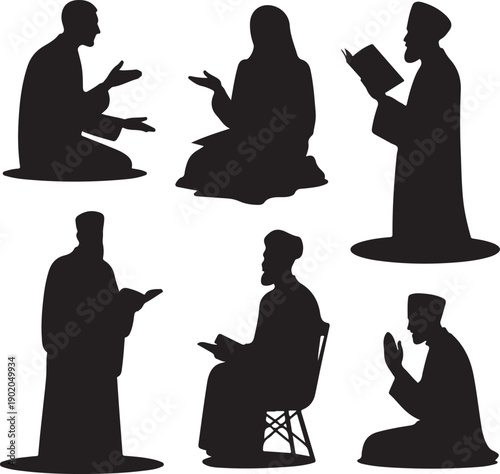 Silhouettes of people praying and reading religious books in various positions