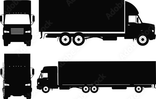 Box truck silhouette set front side views delivery cargo lorry icons isolated on white background for logistics transportation design use