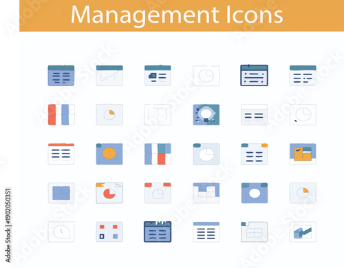 Management dashboard icons set with calendars, charts and UI cards in flat outline style.