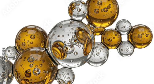 Macro view of interconnected liquid spheres with internal bubbles