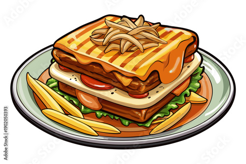 Francesinha traditional Portuguese sandwich served on clean platter with papas fritas rich sauce melted cheese hearty comfort food presentation