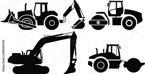 Construction machinery silhouette vector set showing tractor backhoe excavator and road roller equipment for industrial building and earthmoving illustration