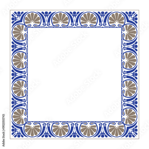 Greek floral square frame with meander, palmette. Seamless classic frame with Greek ornament. European frame with pattern. Frame Ancient Greece, Roman Empire. For textile, engraving, embroidery