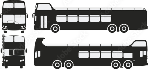 Double decker bus silhouette vector set showing side front and rear views for public transport city travel illustration design