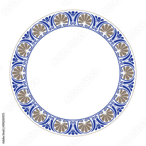 
Round porcelain plate with golden blue pattern. Greek floral meander, palmette. Seamless classic frame with Greek ornament. European frame with pattern. Frame Ancient Greece, Roman Empire. Vector